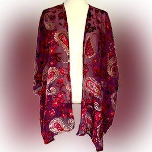 UMGEE VELVET PAISLEY FLORAL SHEER BURNOUT KIMONO OPEN CARDIGAN M/L BURGUNDY GOLD